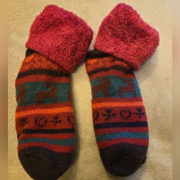 Fairisle Moose Fuzzy Fleece Thick Socks/Slippers - Picture 2 of 4